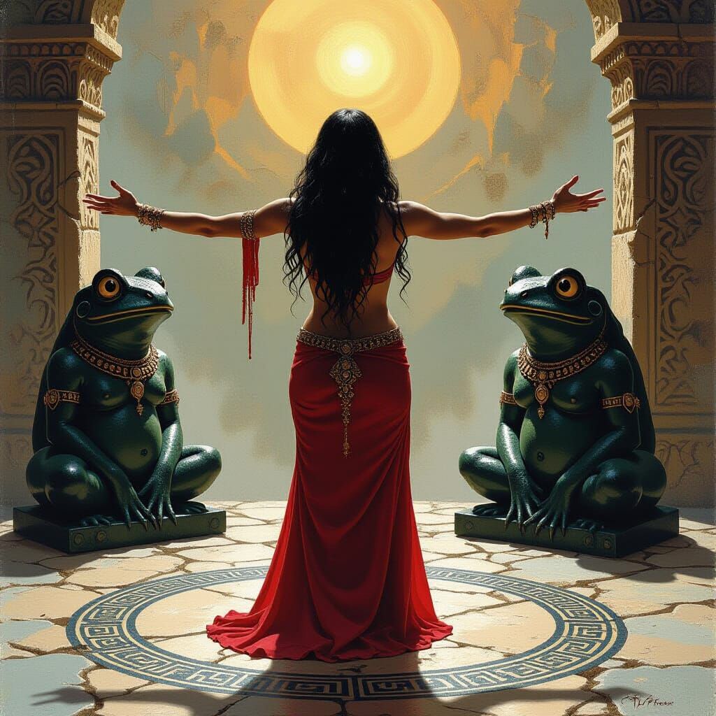 Mystic Ritual Before Frog Idols in Oil Painting Style