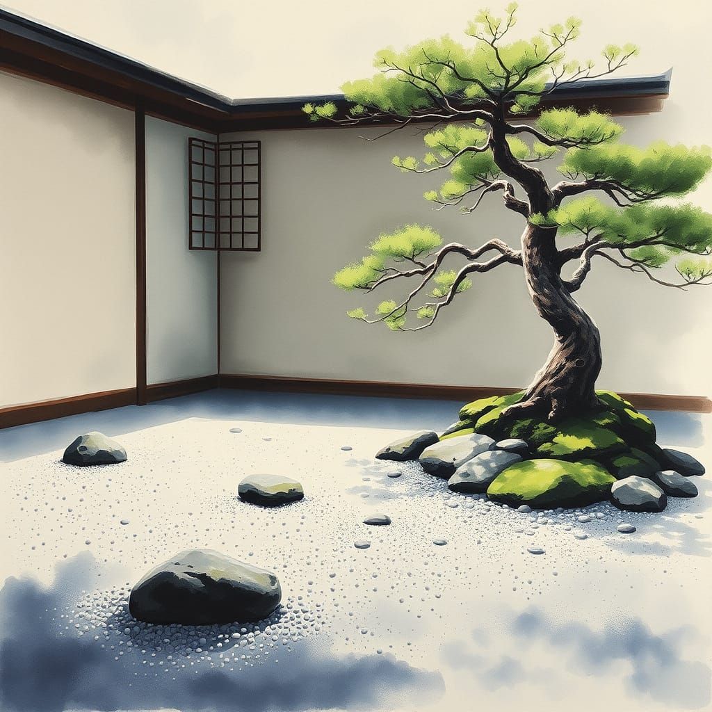 Zen Garden in Japanese Ink Wash Style