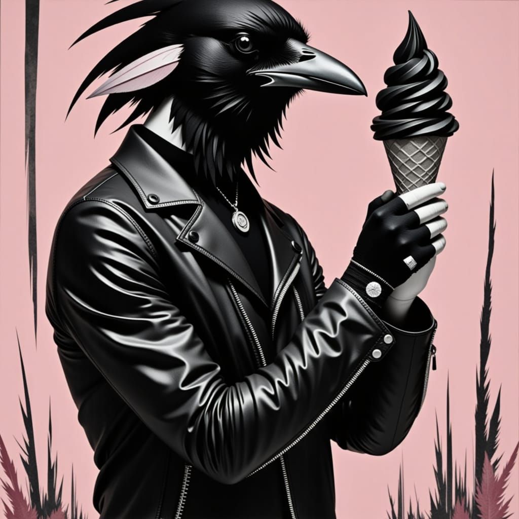 <lora:RaveN:1.0> Goth guy with   eating a black ice cream co...