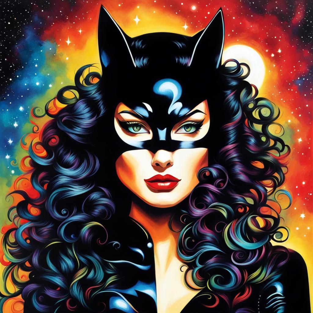 Cat Woman with Galaxy Hair in Surrealist Style
