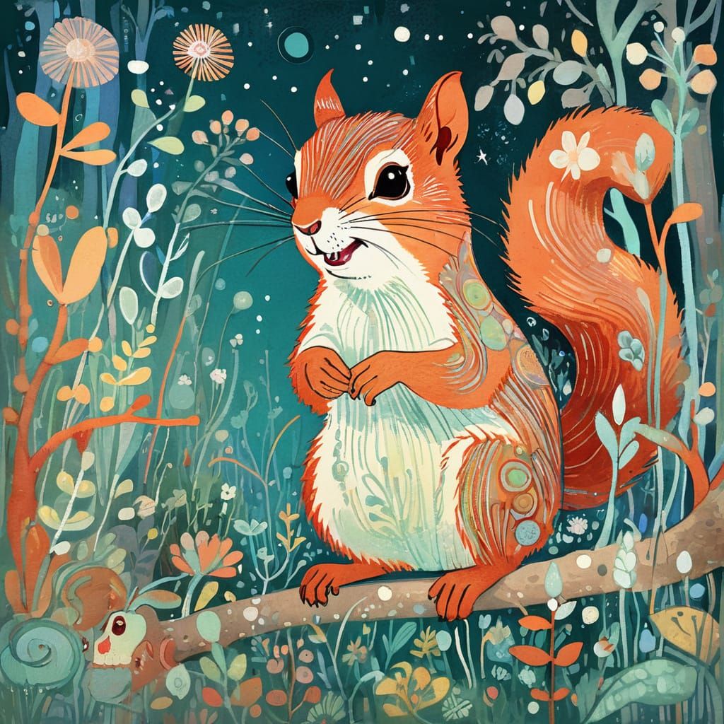Mischievous Squirrel Portrait in Storybook Style