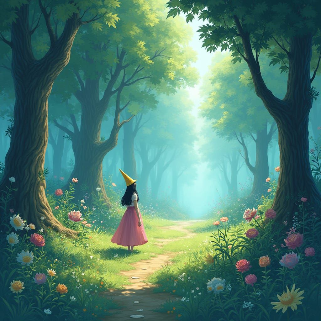 Whimsical Forest Scene in Delicate Watercolor Style