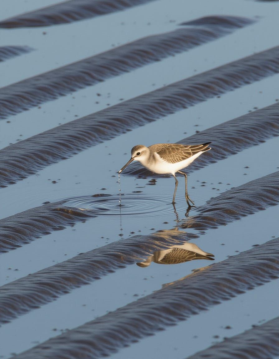 Spoon-Billed Sandpiper Foraging in Reflective Tidal Flats