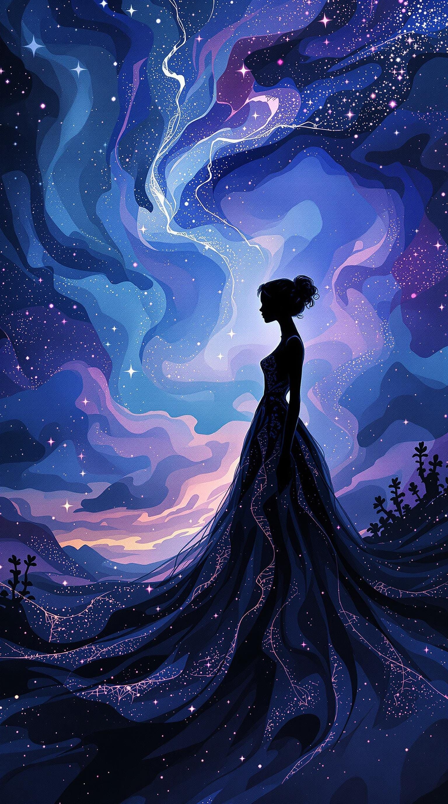 Ethereal Woman in Sunset Silhouette with Fractal Background