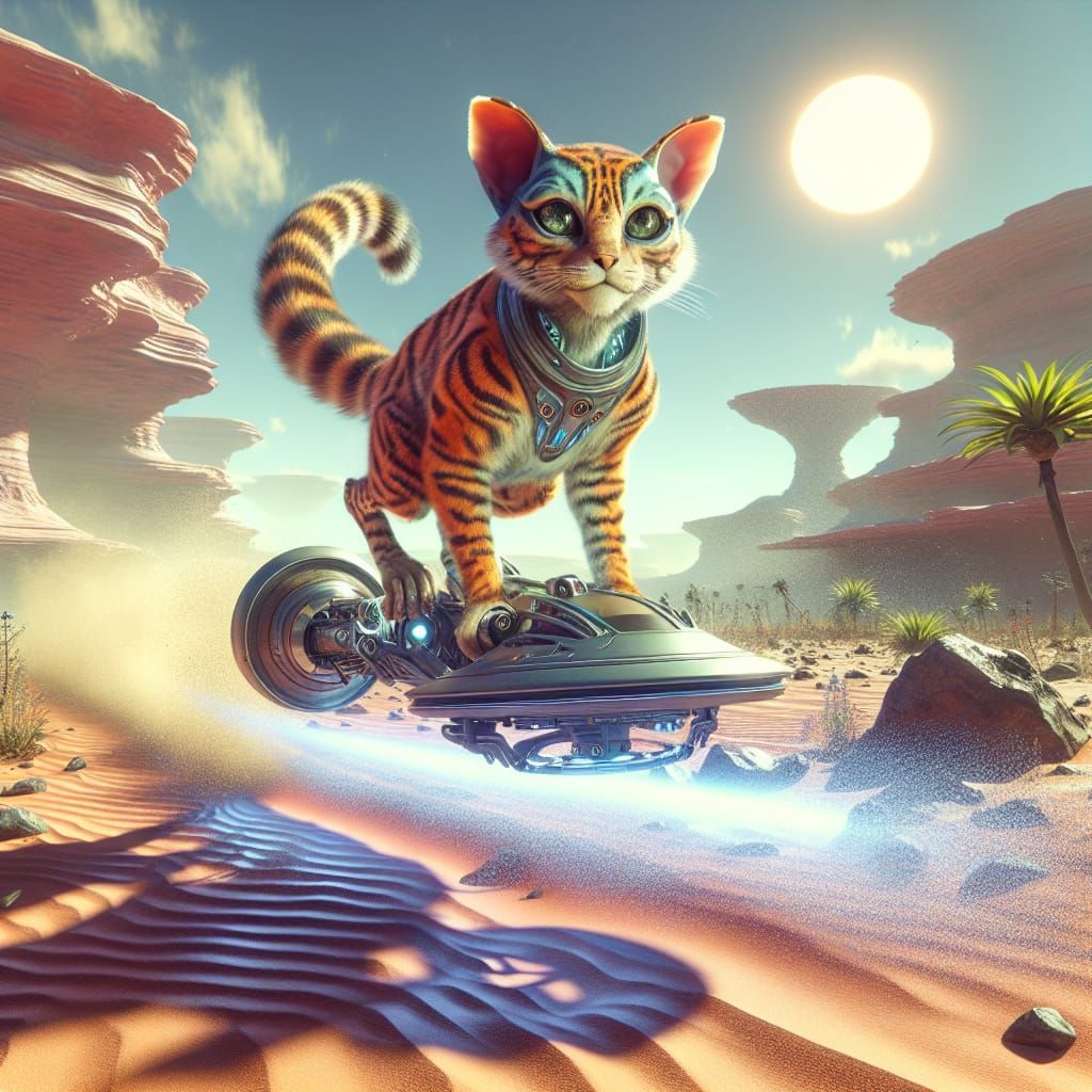 Alien Feline on Hoverbike Across Desert Planet