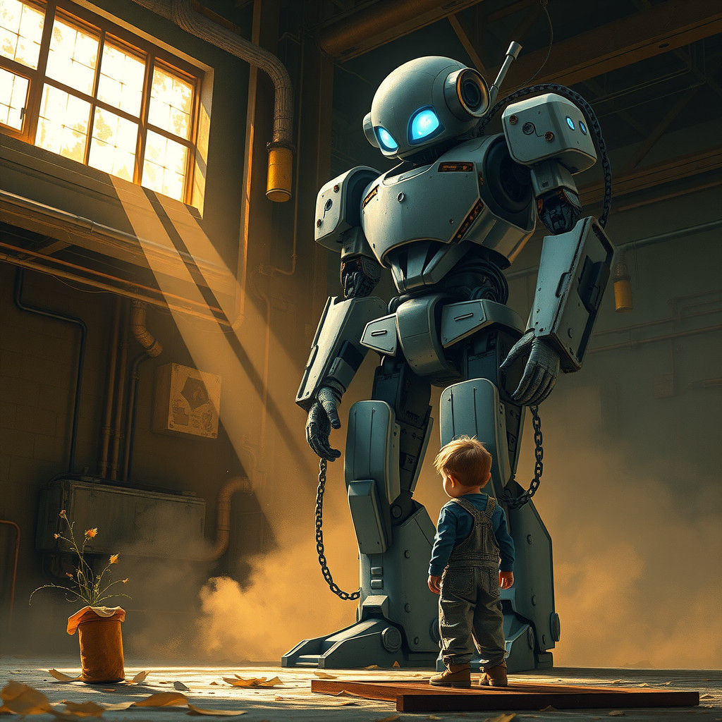 Child Offers Flower to Robot in Dystopian Factory