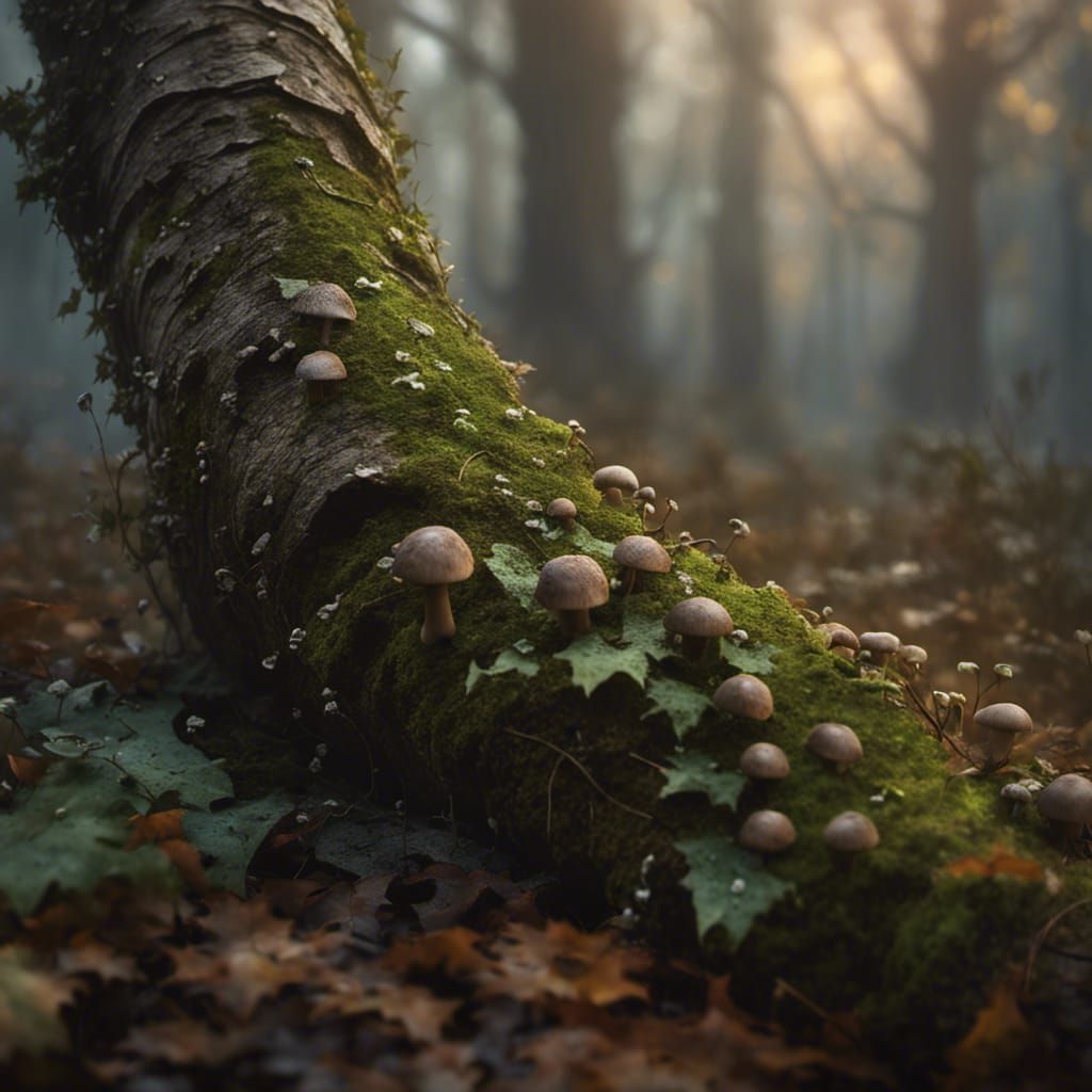 Hyperrealistic Forest Scene with Mossy Tree Trunk