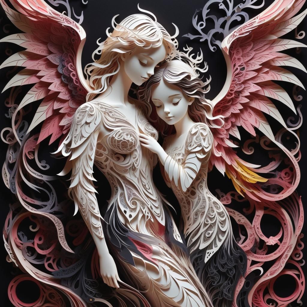 Spectacular 3D Kirigami Angel and Demon Embrace
