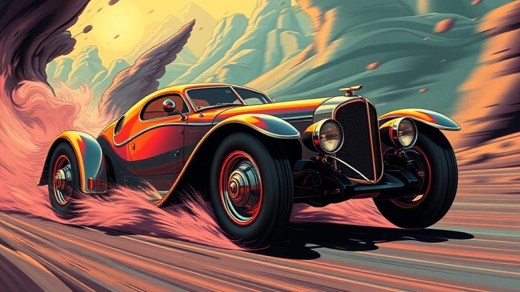 Surreal Supercar Soaring Through Dreamlike Landscape