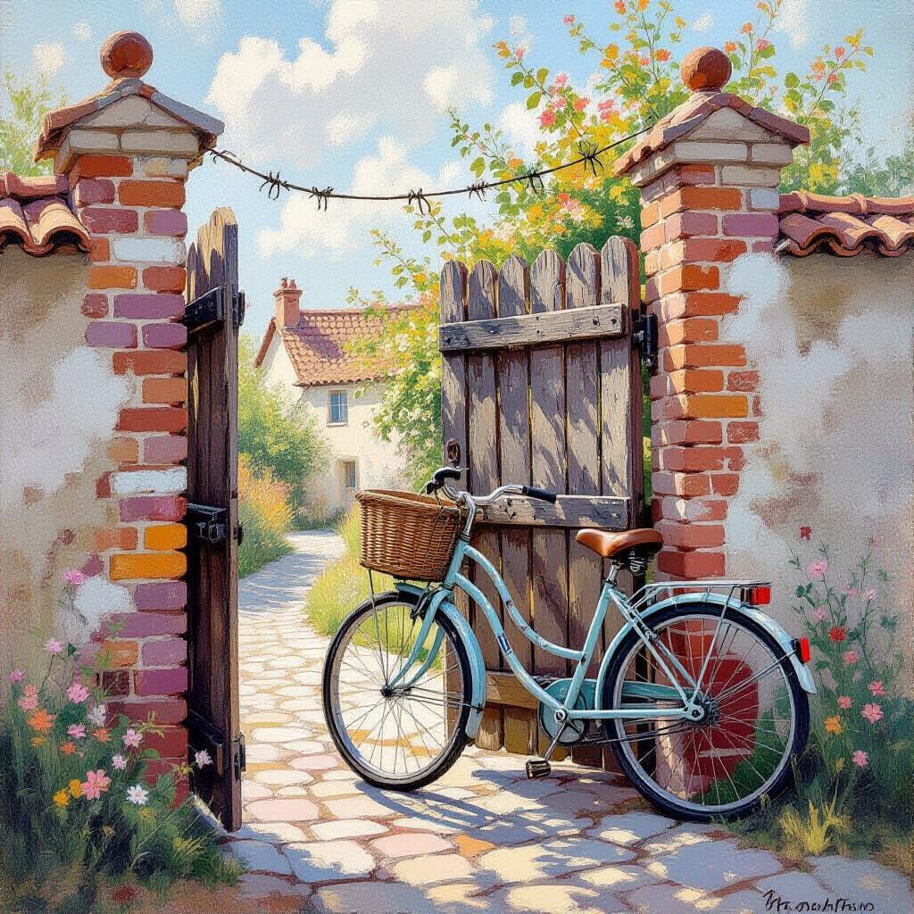 Weathered Brick Gate with Cafe Racer in Impressionist Style