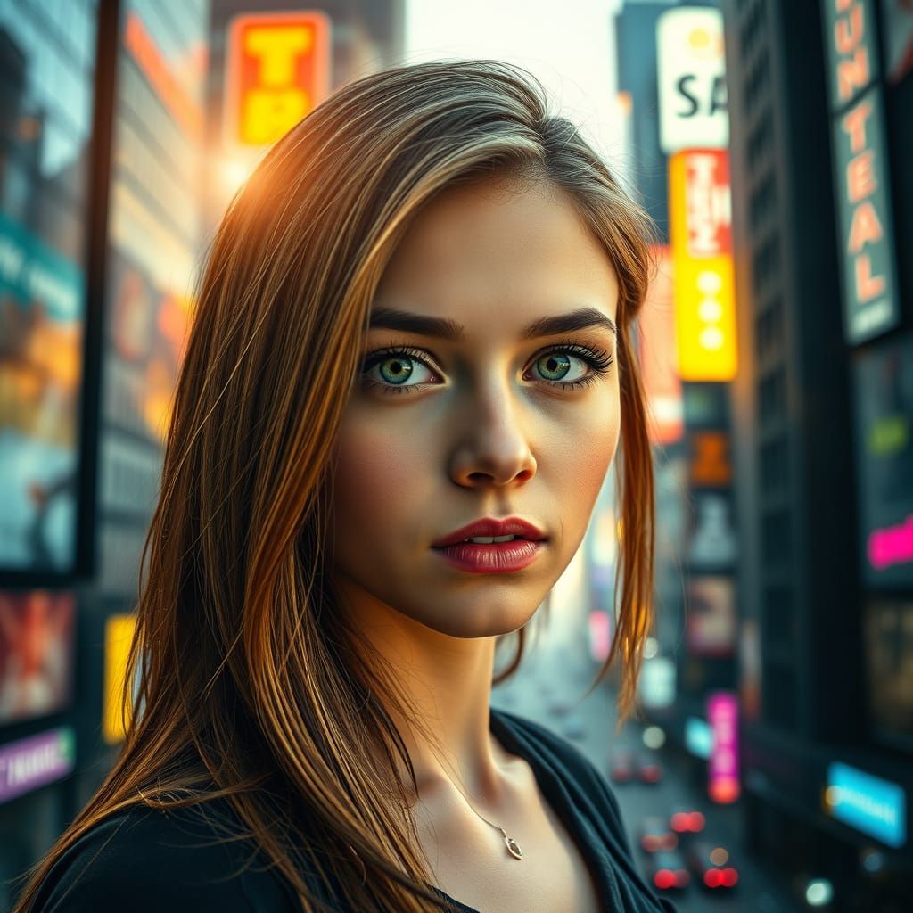 Cyberpunk Cityscape with Enigmatic Female Figure