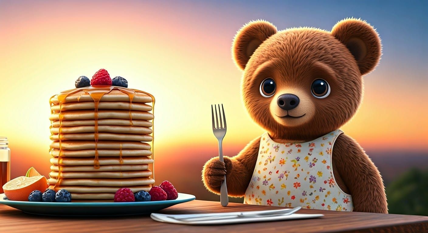 Chibi Bear About to Eat Pancakes, 3D Digital Art