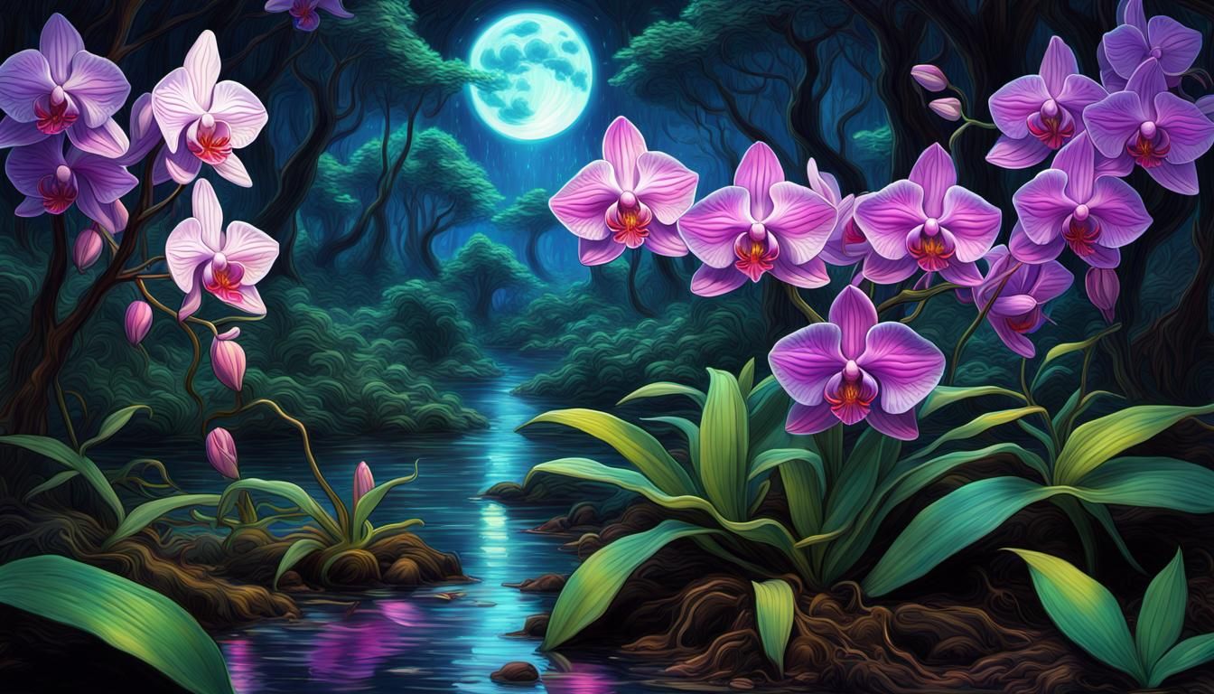 Bioluminescent Orchid in Amazon, Psychedelic Fantasy Art
