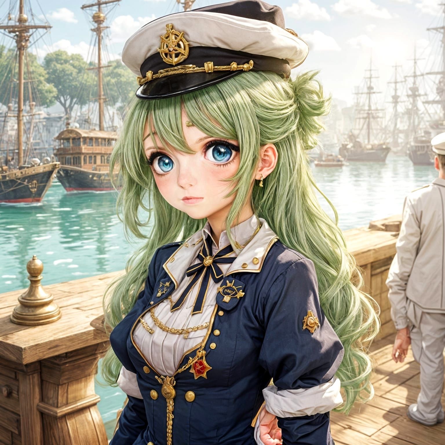 Naval Captain with Green Hair in Warm Sunshine