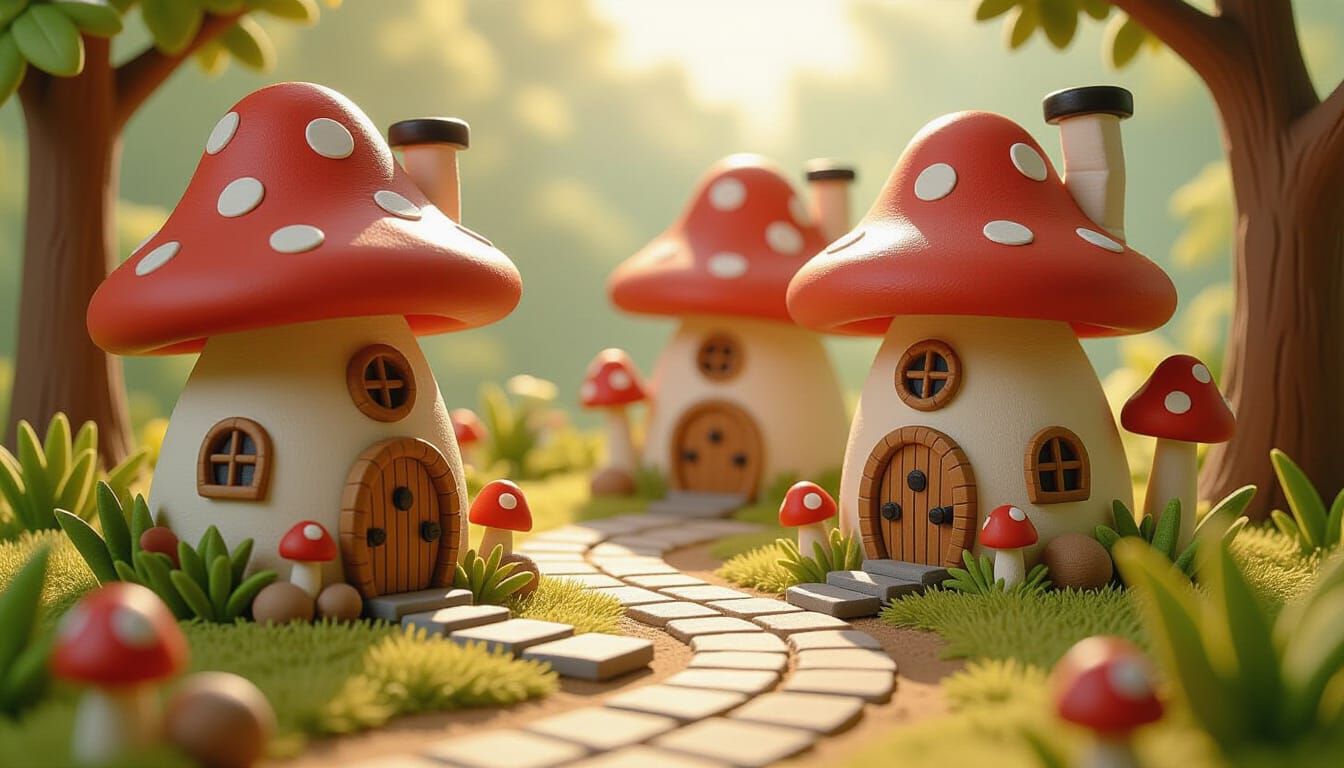 Whimsical Mushroom Village in Claymation Style