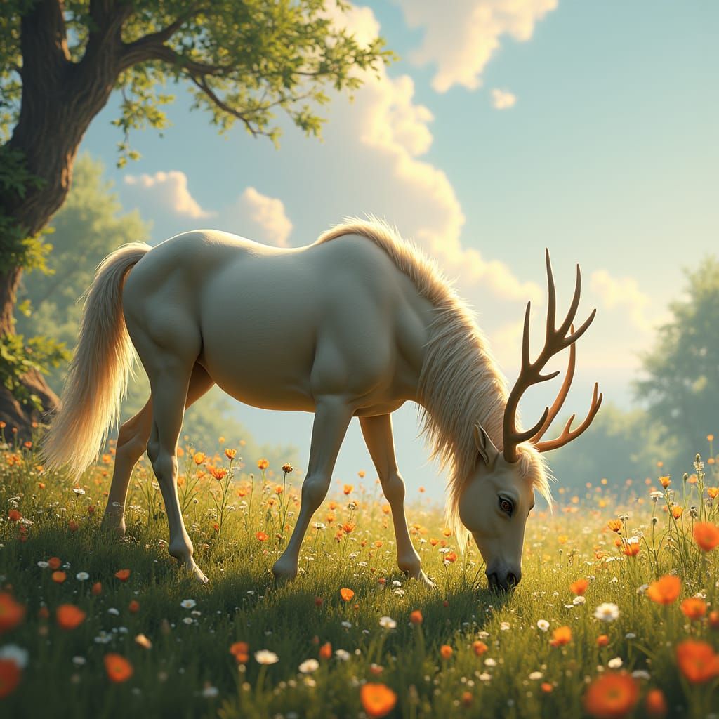 Majestic Deer-Horse Hybrid in Sunlit Meadow