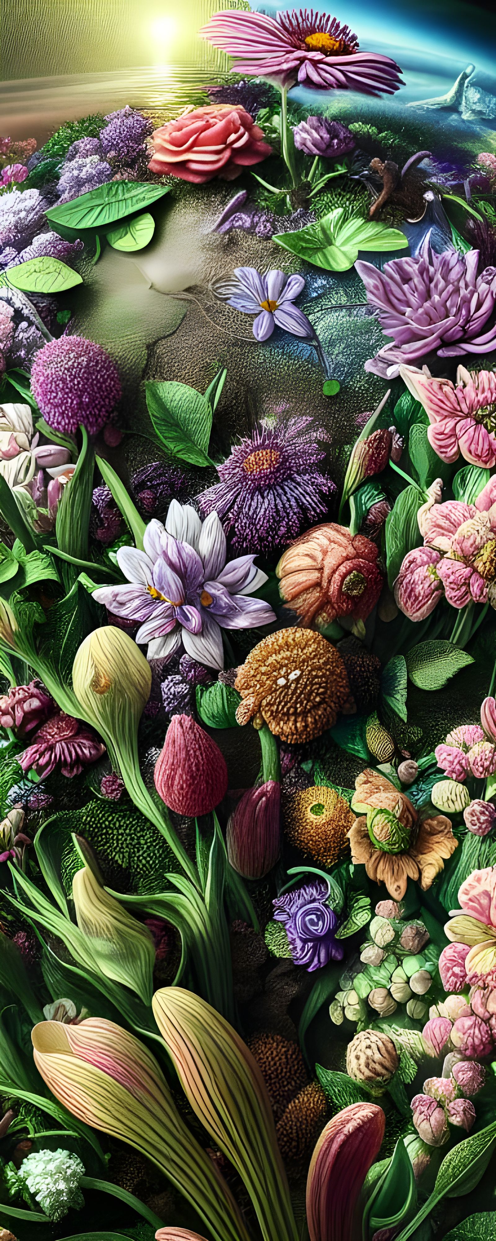 Surreal Flowers with Celestial Light, 3D Rendering