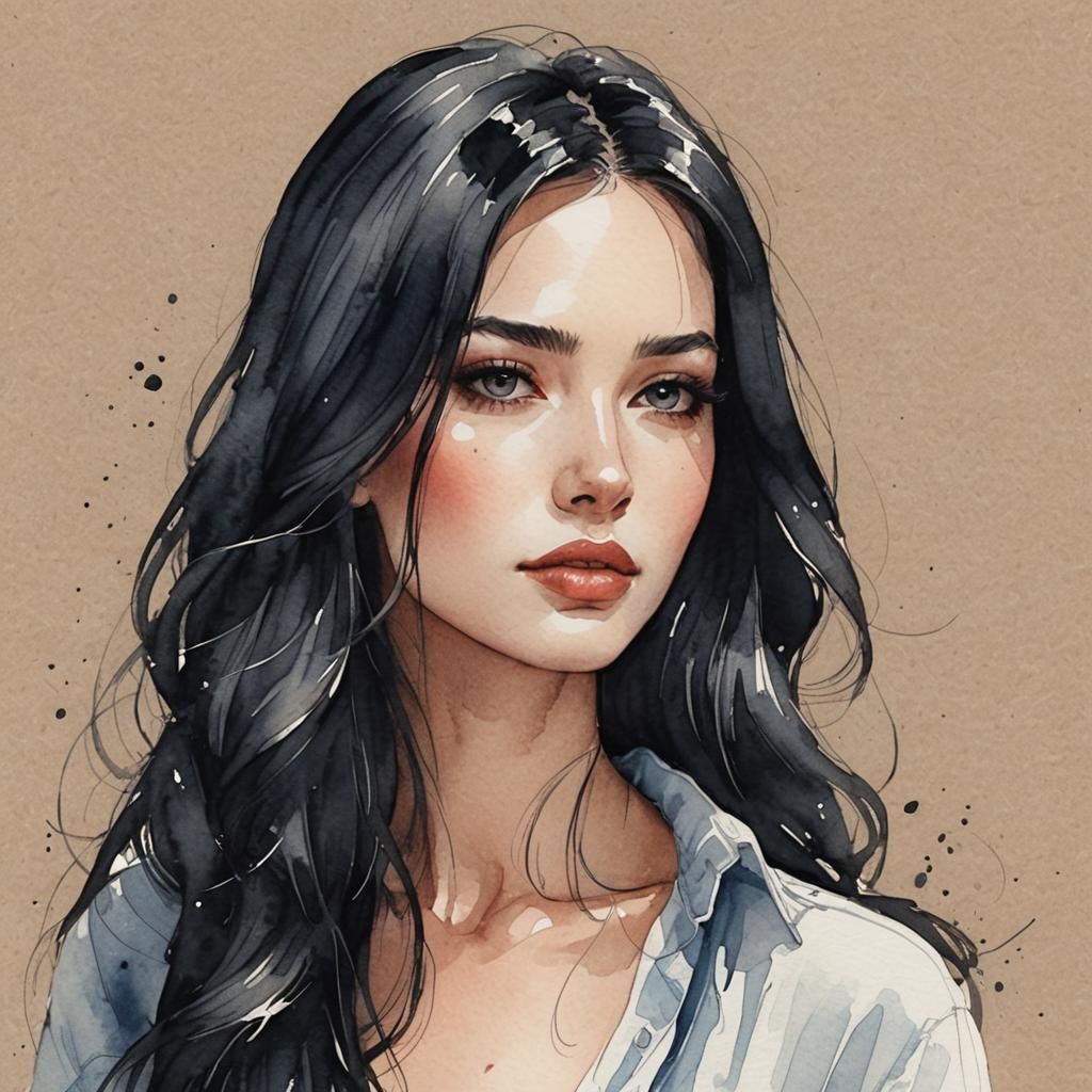 Watercolor Illustration of a Young Woman with Black Hair