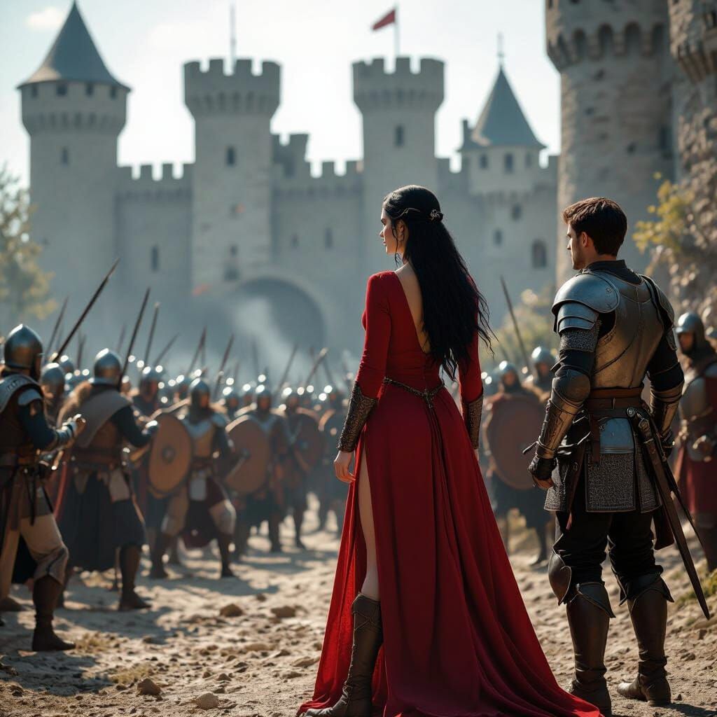 Medieval Warriors Assault Castle with Woman Directing