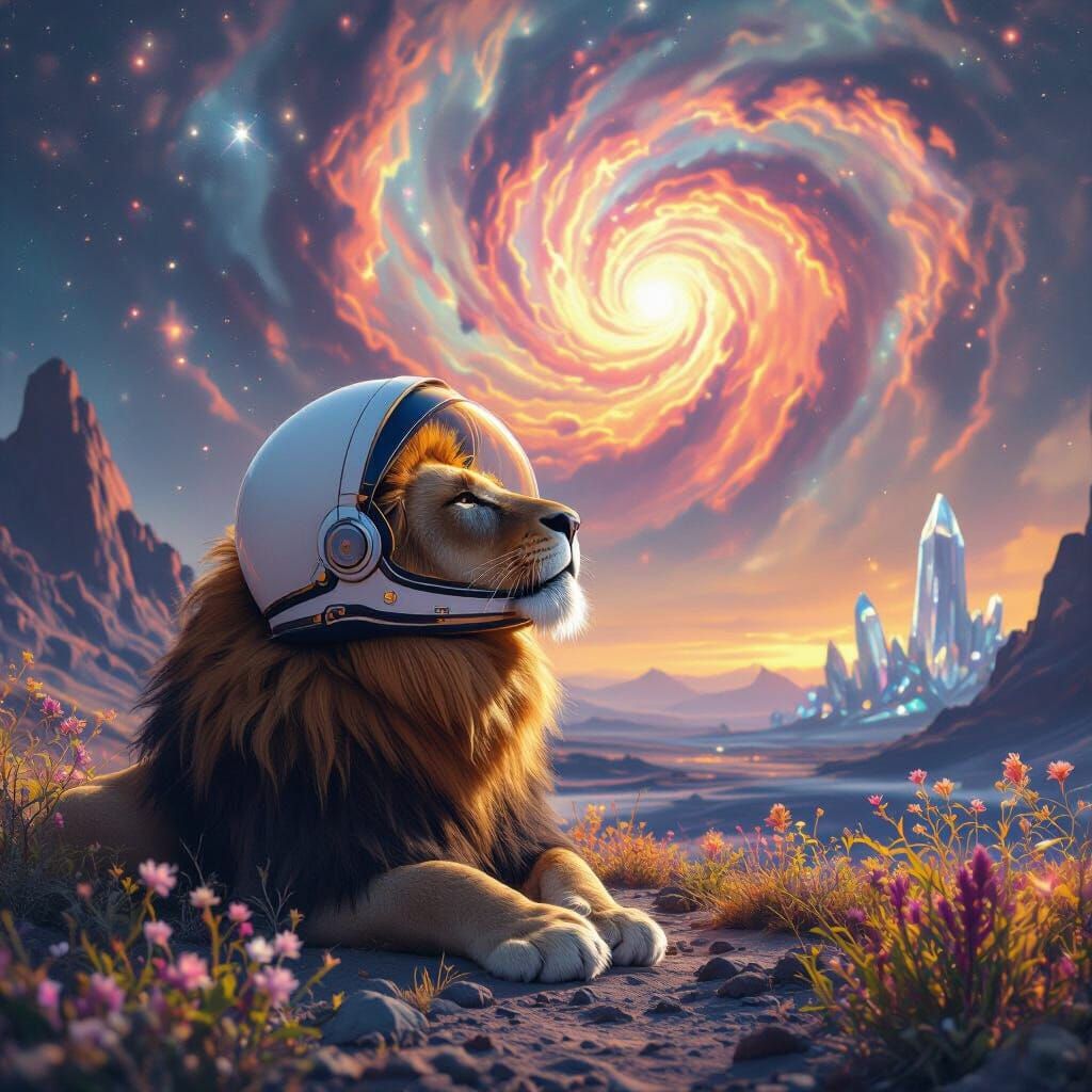 Astronaut Lion Gazing at Nebula in Alien Landscape
