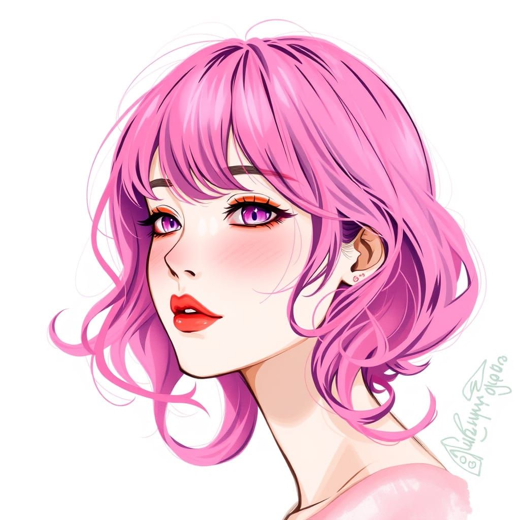 Pink-Haired Woman in Digital Watercolor Style
