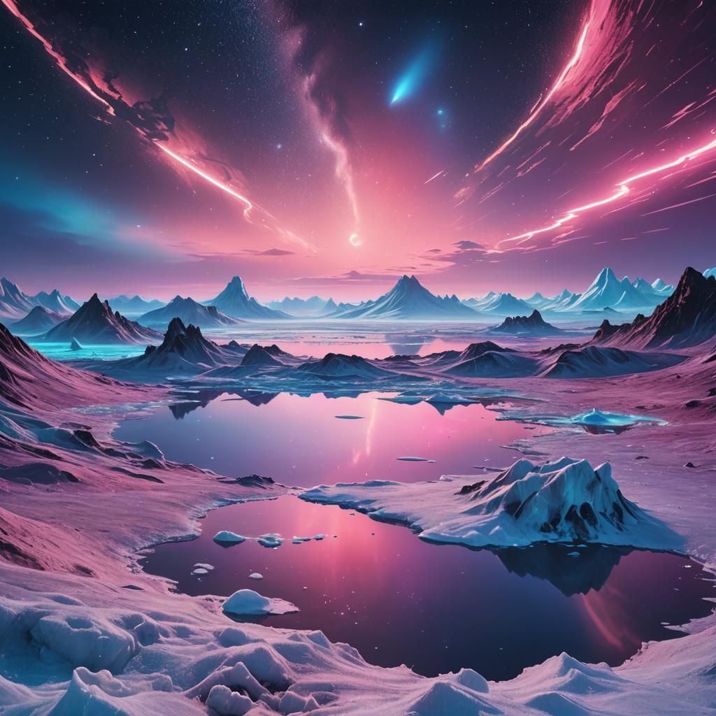 Icy Saturn Landscape in Neon Concept Art