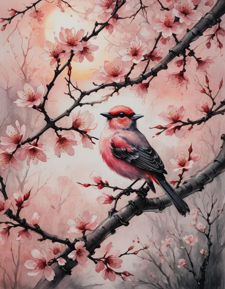 Ethereal Cherry Blossoms Oil Painting with Bird