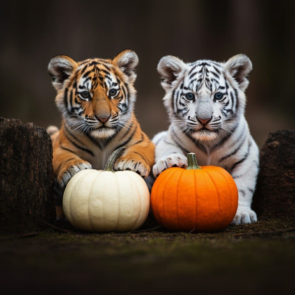 Tiger Cubs with Autumn Pumpkins