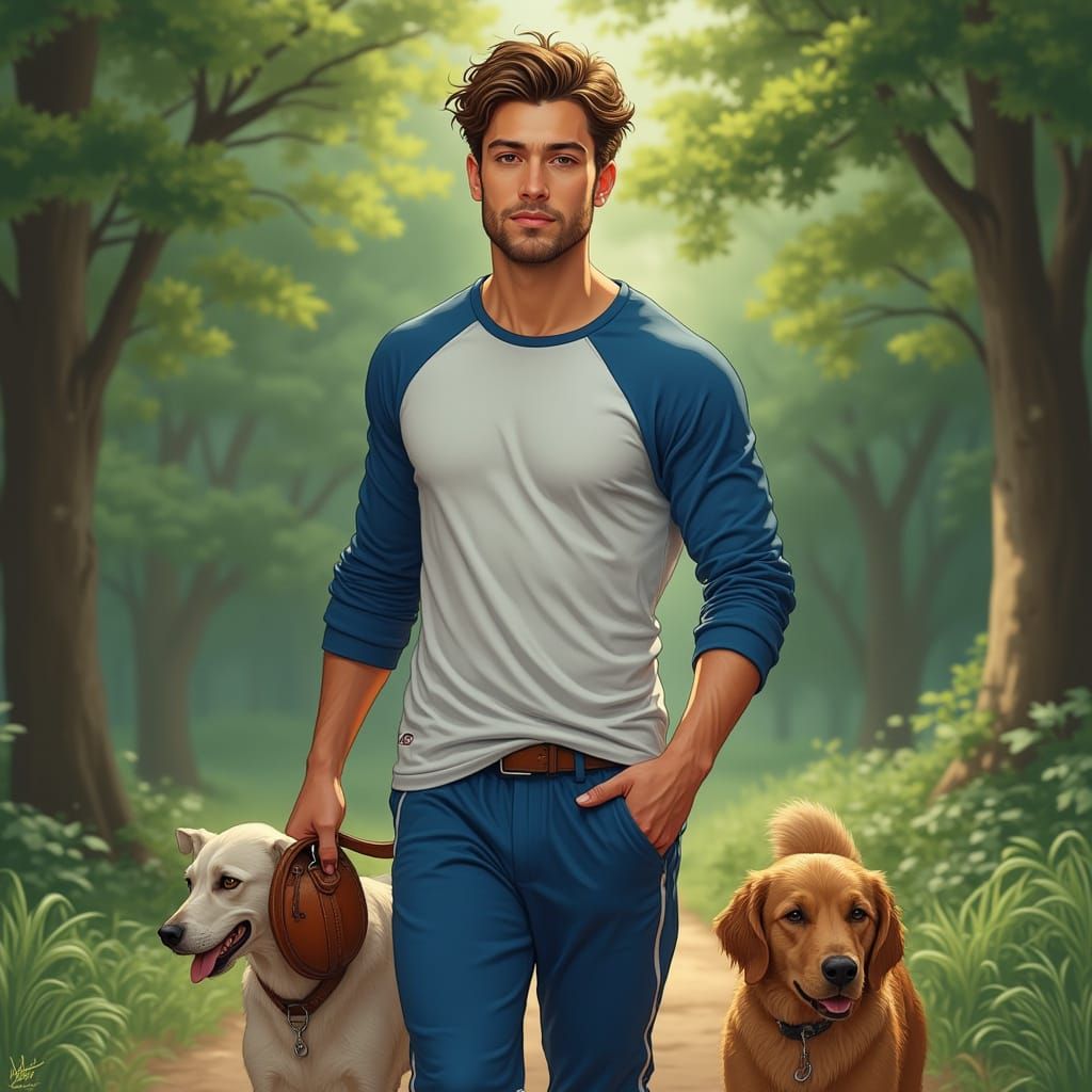 Man Walking Dog in Park: Hyper-Realistic Digital Art