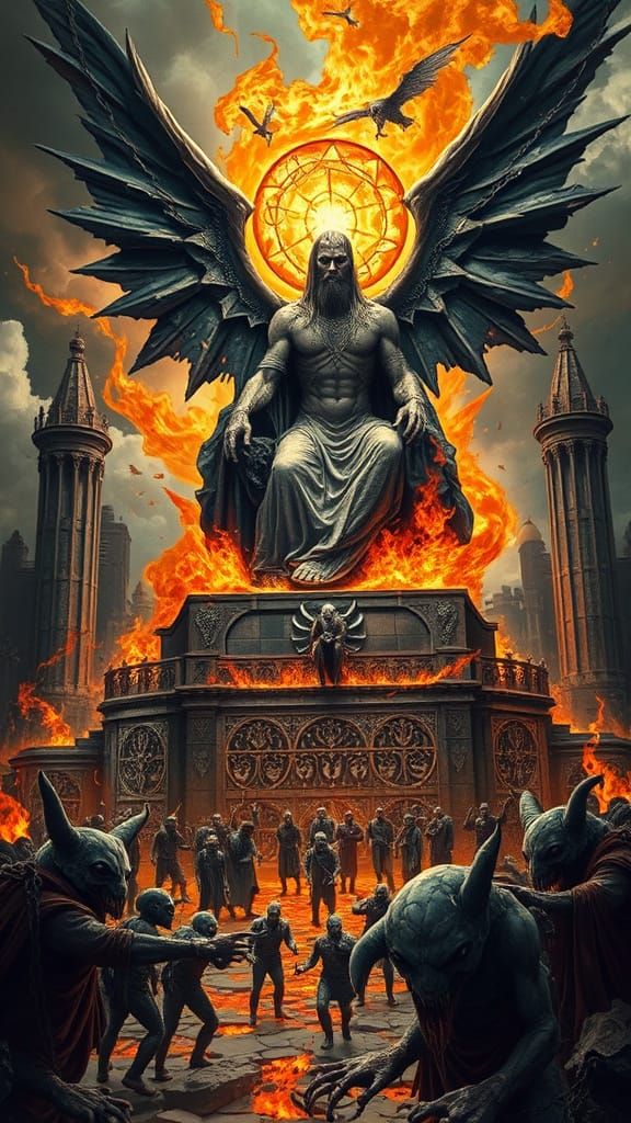 Epic Fantasy: God-Like Figure on Weathered Throne Amidst Fir...