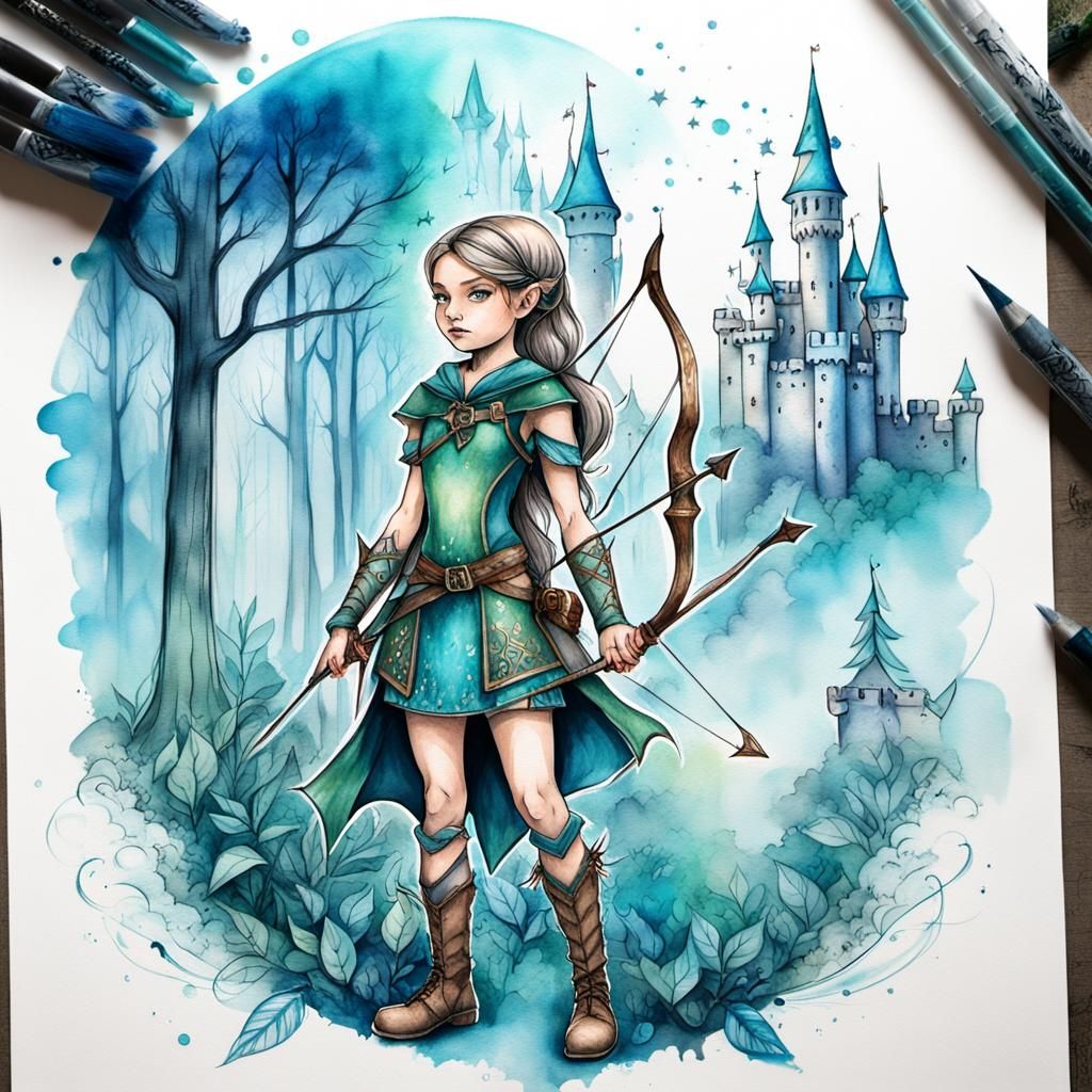 Enchanting Elf Archer in Magical Forest: Watercolor Art