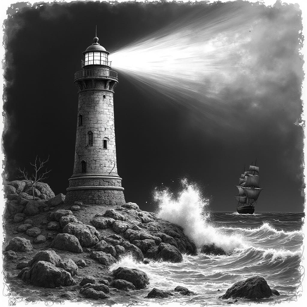 Lighthouse Beacon in Stormy Sea, Ink Drawing Style