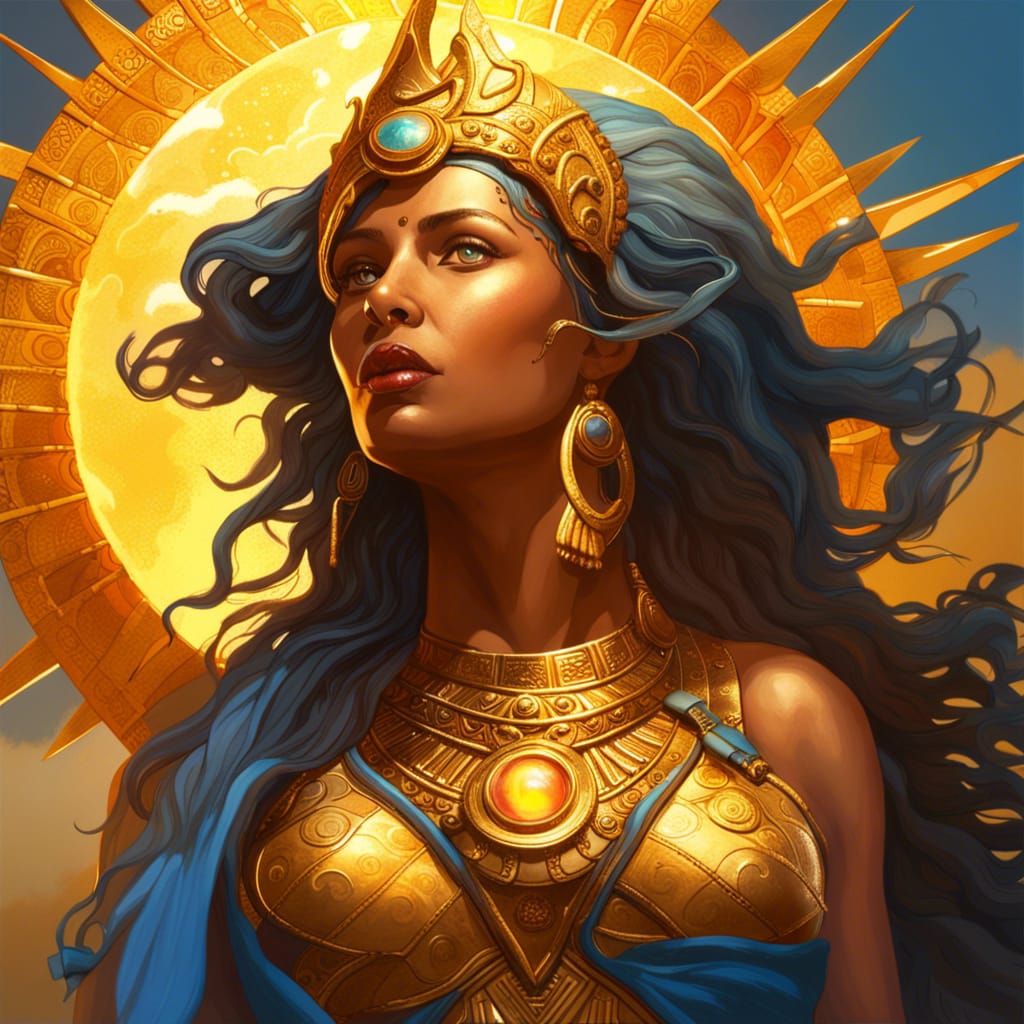 Goddess Ishtar: Hyperrealistic Gold, Sky, and Sun