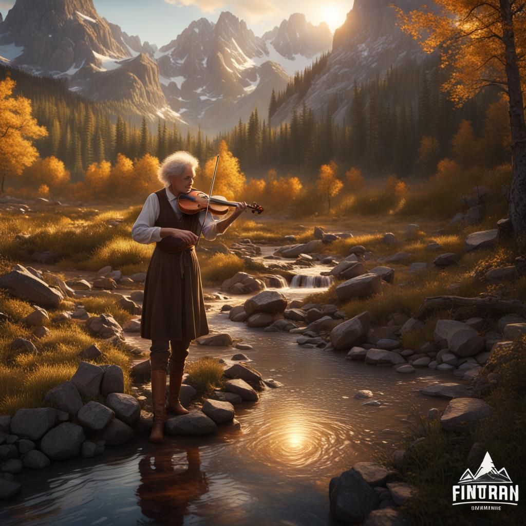 Canadian Mountain Scene with Gold Panner and Fiddle