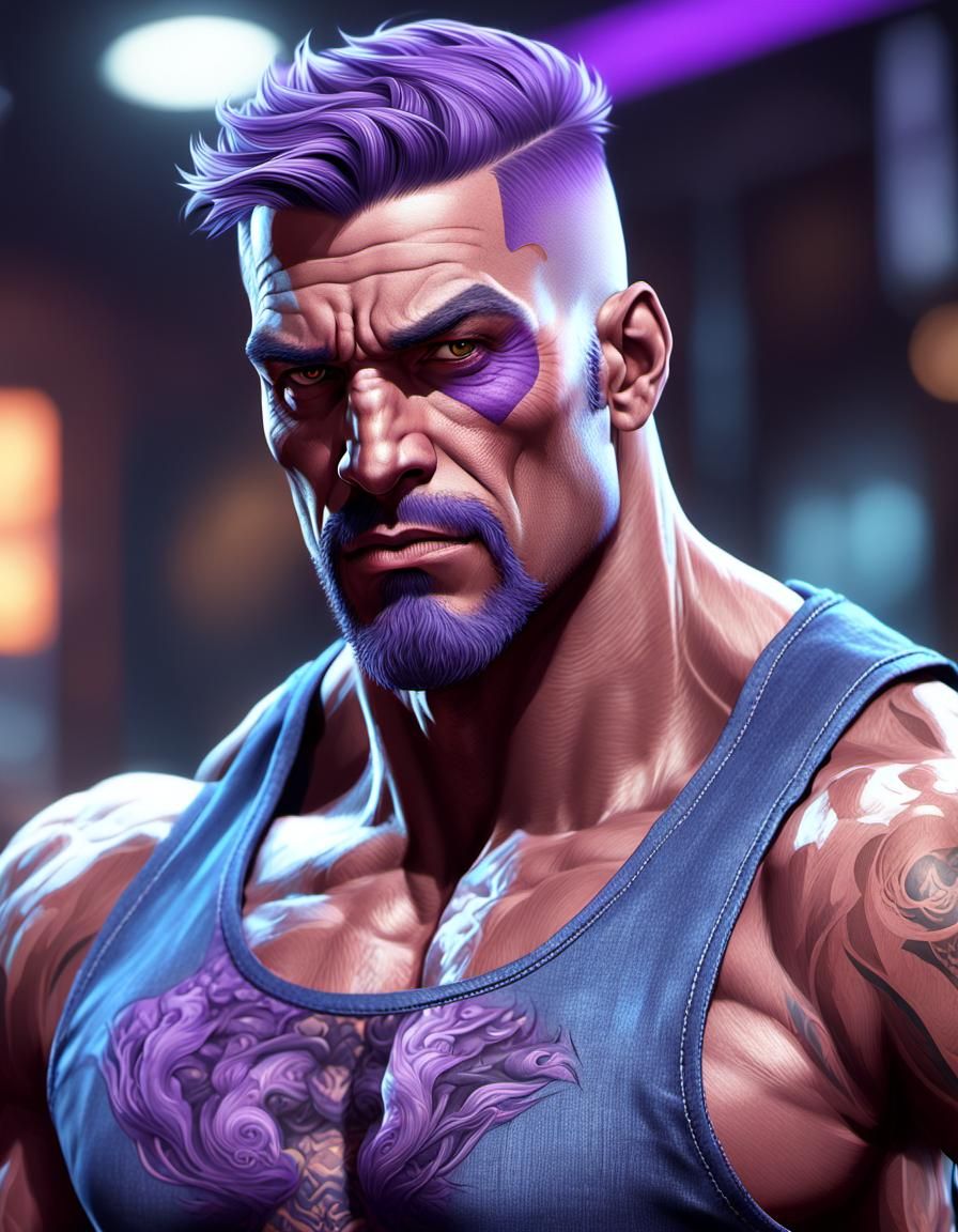 Handsome purple man with massive muscular muscle ,8k resolution concept art with tattoo, jeans and gangster
