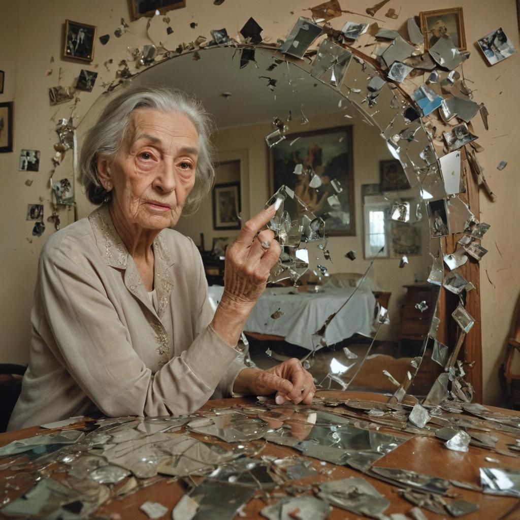 Shattered Memories: Surrealist Oil Painting of Elderly Woman