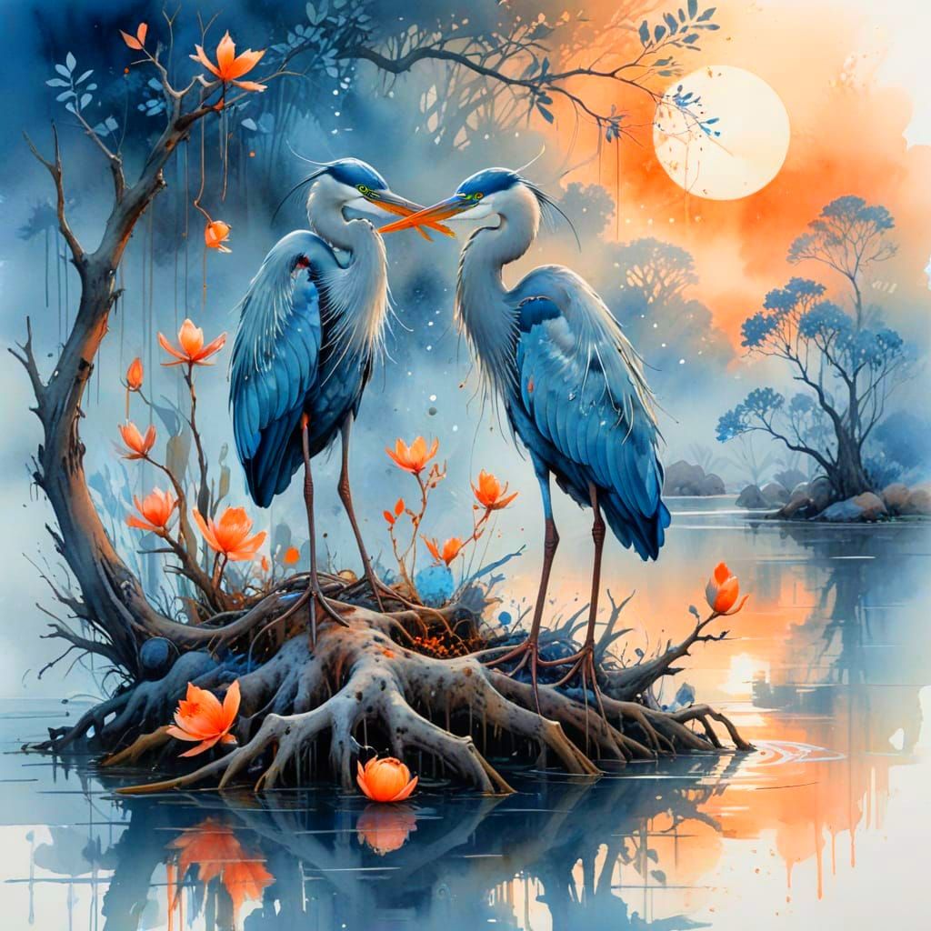 Serene Heron Chicks in Misty Mangrove Twilight Watercolor