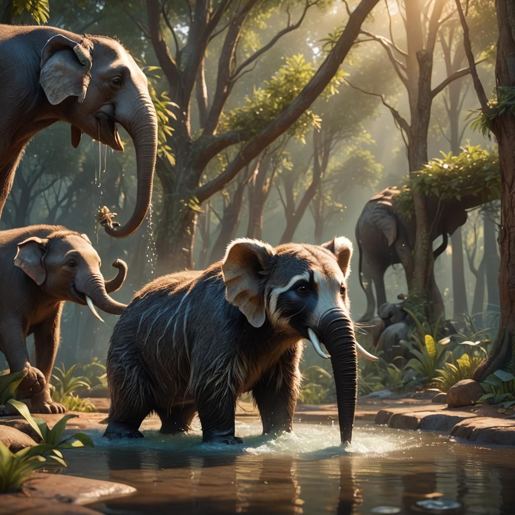 Raccoon and Elephant Harmony: Pixar-Style 3D Render