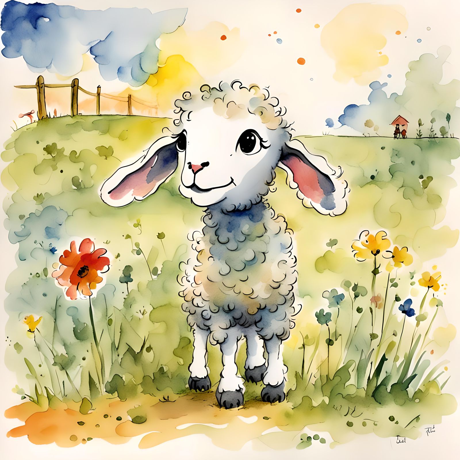 Whimsical Chibi Lamb Watercolor Illustration