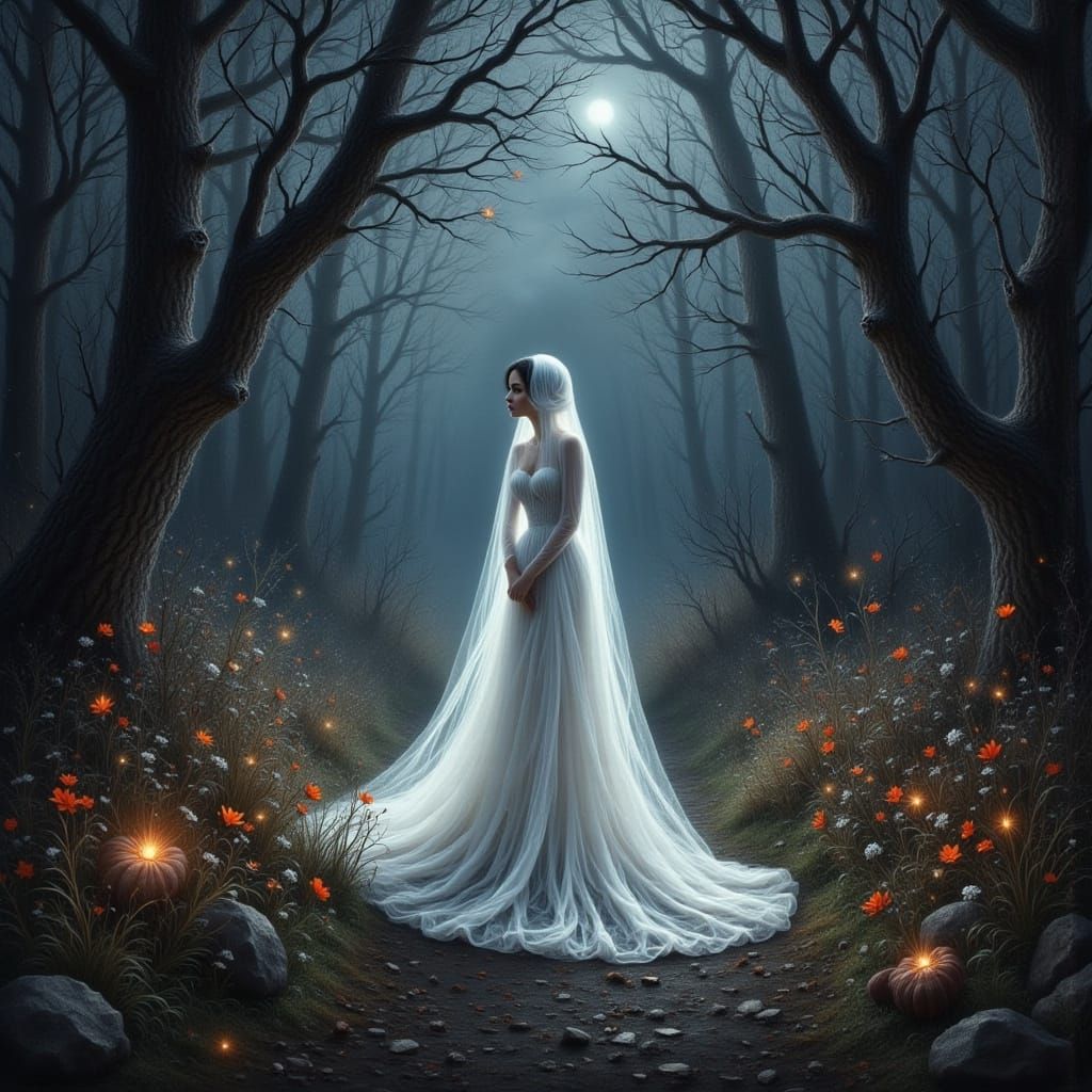Ghostly Lady in Haunted Forest, in Collage Style