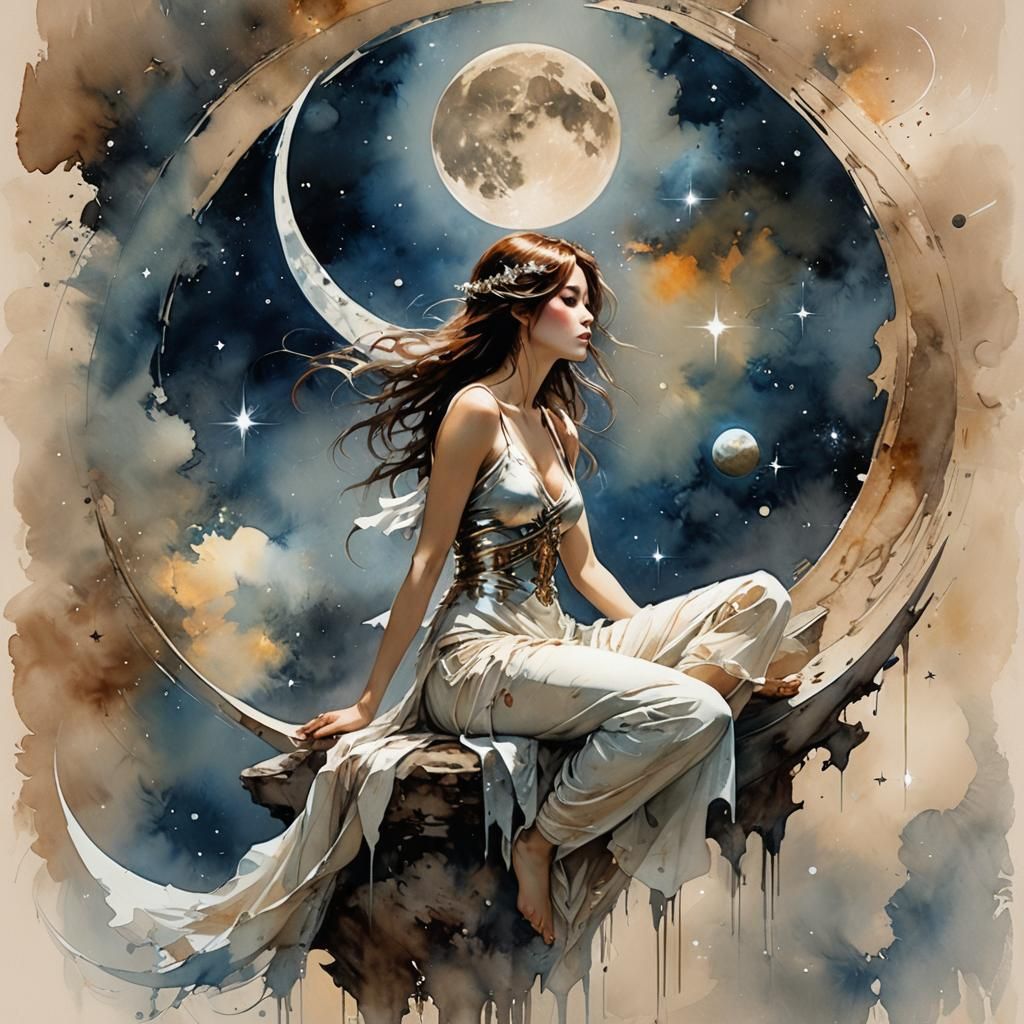 Girl on Crescent Moon in Watercolor Style