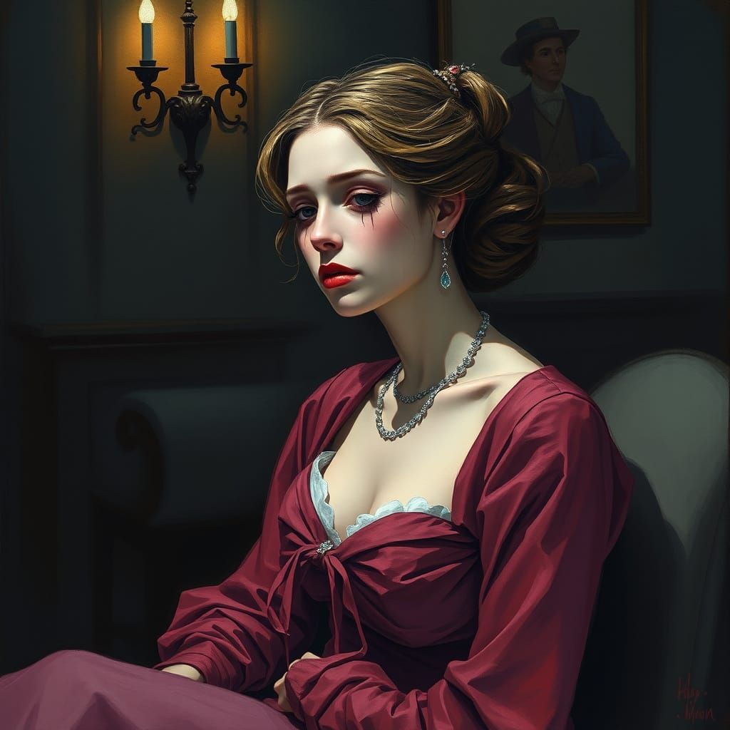 Woman Crying Ink Tears in Dimly Lit Room