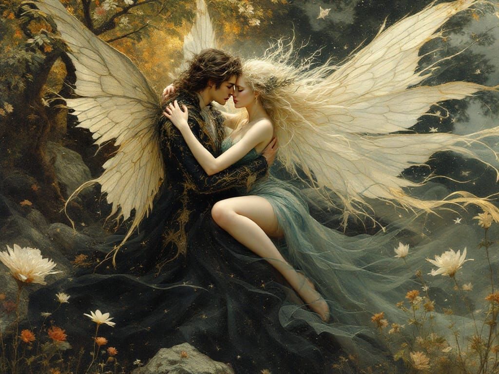 Ethereal Fae Royalty Embracing in a Dreamlike Landscape