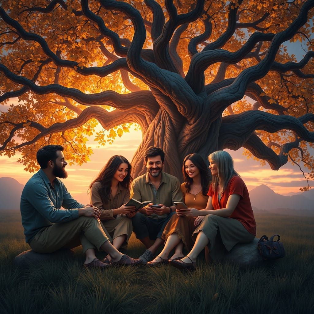 Surreal Friends' Gathering Under Radiant Tree of Cherished M...