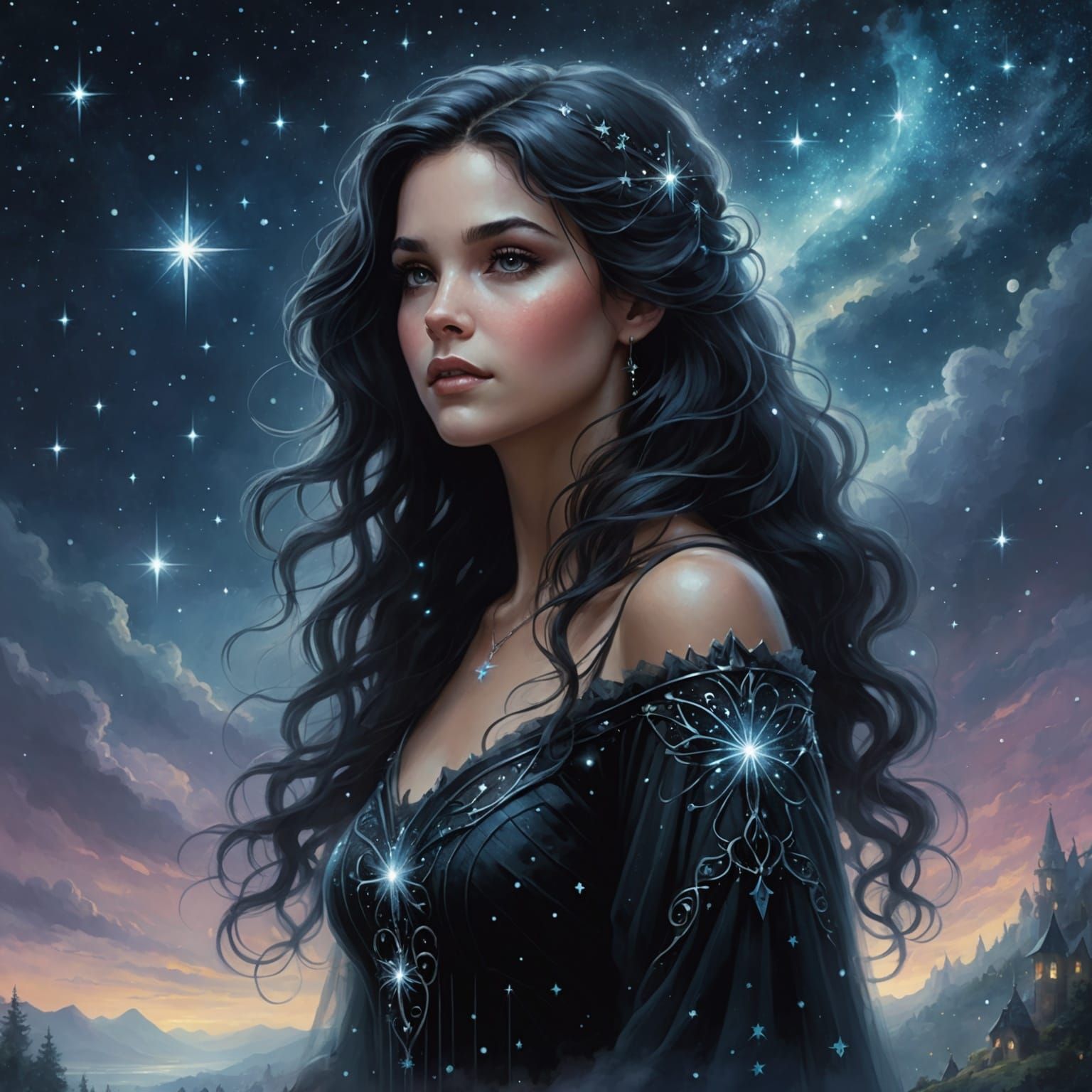 Ethereal Star-Weaved Hair in Fantasy Landscape