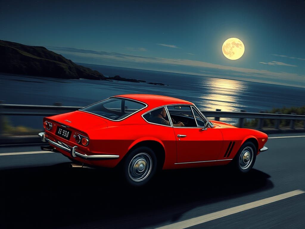 Crimson Maserati Mistral at Night, Comic Art