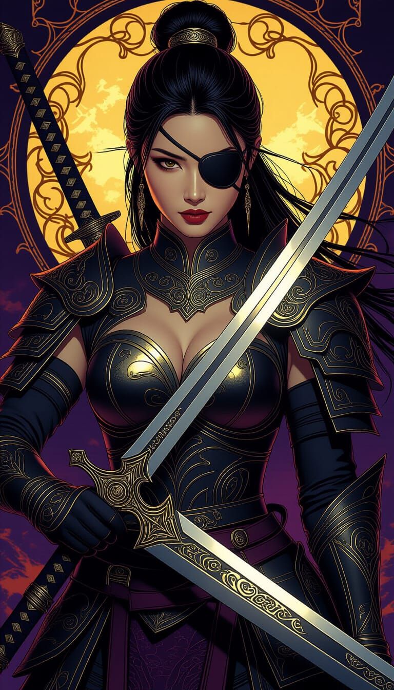 Asian Woman Warrior with Scimitar in Dark Fantasy Style