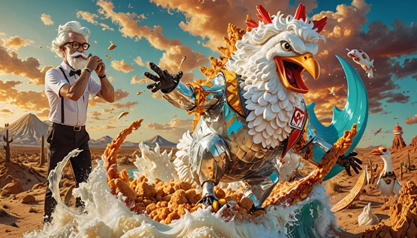 Pokémon Surfing Fried Chicken Wave in Surreal Desert