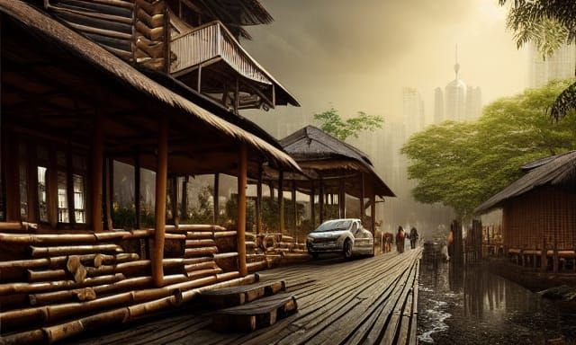 Detailed Rustic Log Cabin Mumbai Cityscape