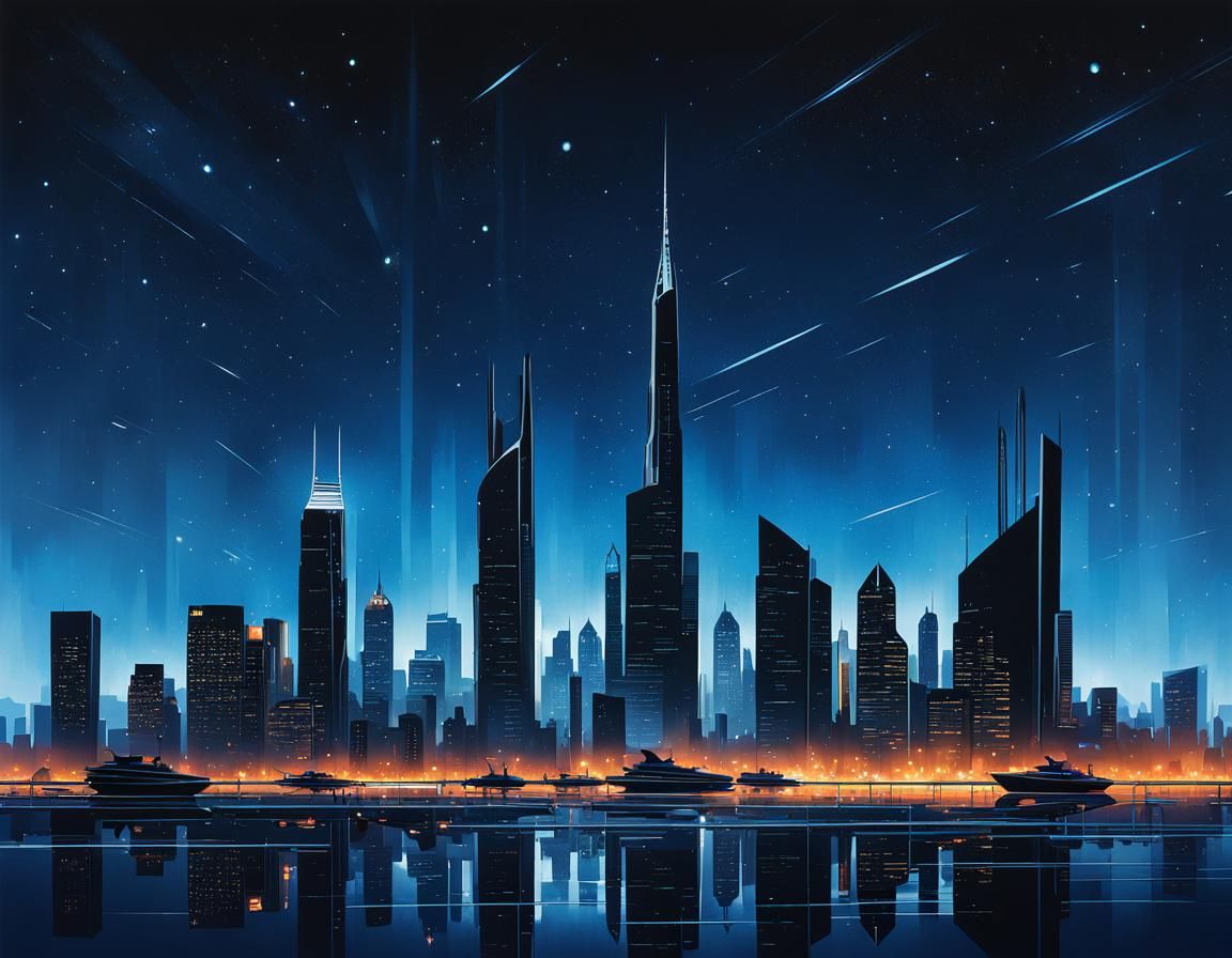 Futuristic Metropolis Reflecting Starry Night Sky
